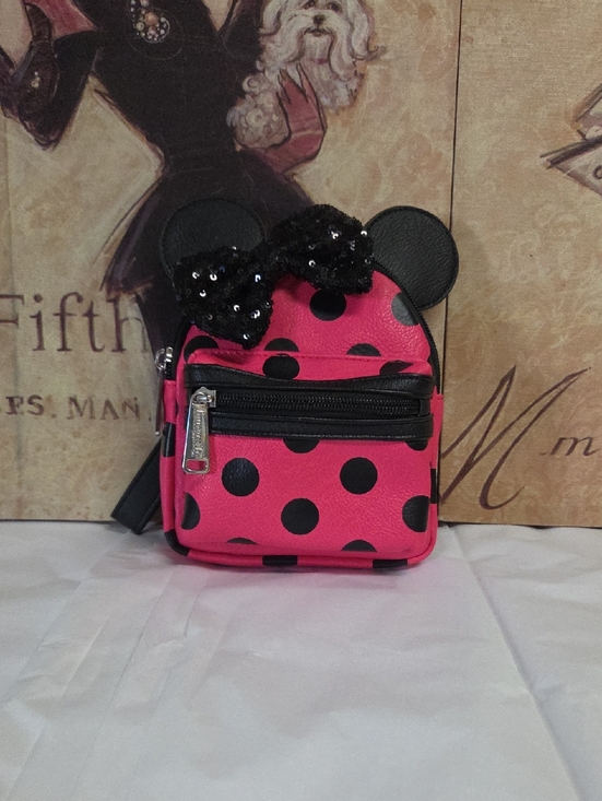 Loungefly Handbags - Loungefly Pink and Black Polka Dot Micro  Backpack with Sequin Bow Ears